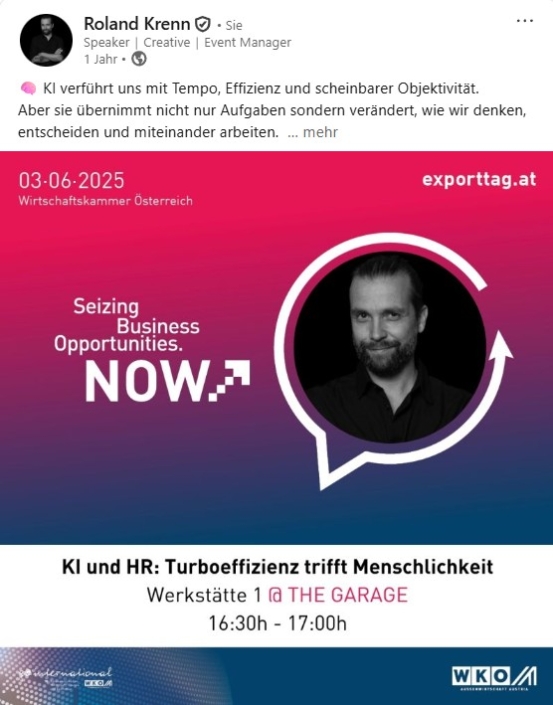 Bild zeigt Roland Krenn von Klique als Speaker beim Exporttag der WKÖ